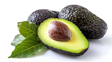 Avocado with avocado leaf isolated on a white background.