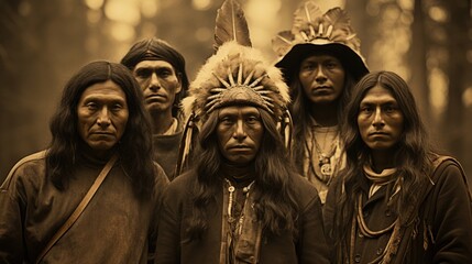 Group of Native Americans in Traditional Garb in a Forest Setting