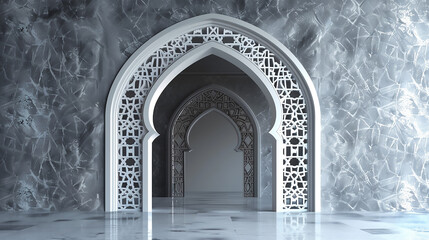 Cool Grey and Silver Islamic Arch A serene 3D realistic Islamic arch in cool grey and silver, with delicate geometric patterns.