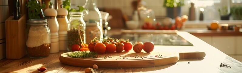 Tomatoes and herbs on a cutting board on a kitchen counter