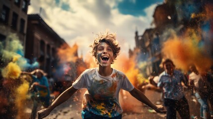 Happy Teenager Jumping with Colorful Ink Splatter in Vibrant Street Festival