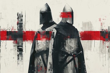 A minimalist illustration of Templar knights, utilizing clean lines and sparse details to portray the essence of their order and chivalry, capturing the iconic imagery of knights in armor