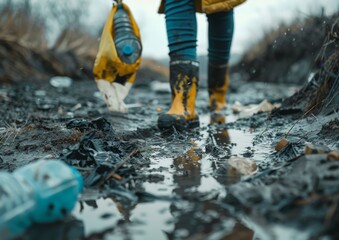 A person is walking through a muddy field with a yellow bag and a blue bottle