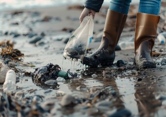 Obraz premium A person is picking up trash on the beach