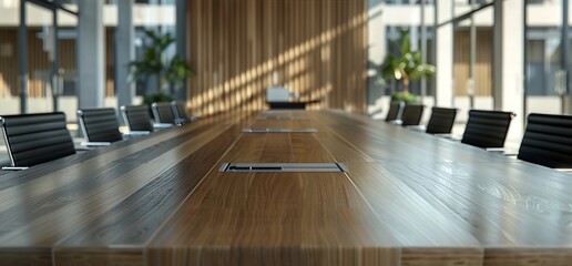 Modern business conference room with a large wooden table and black chairs - Powered by Adobe