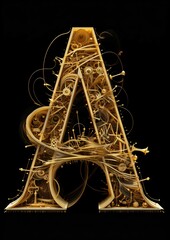 Golden 3d letter A with gold ornaments on black background