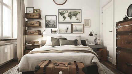 A bedroom featuring a simple bed with white linens, a wooden bedside table with a lamp, and a closed suitcase on the floor.