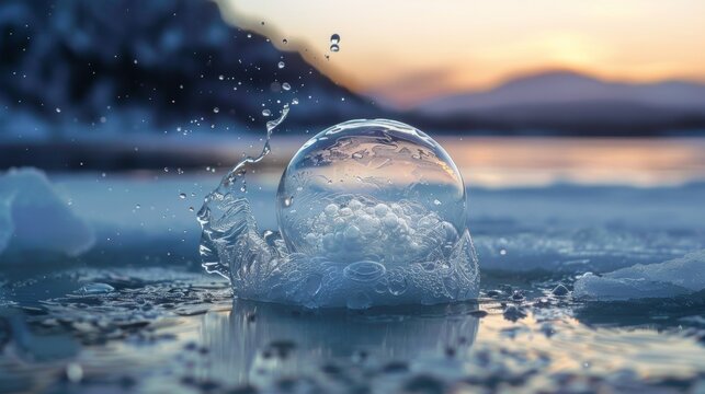 A frozen ane bubble bursting through the frozen surface of a lake.