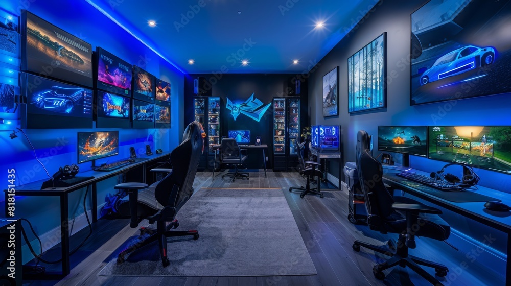 Poster a room filled with numerous computers and monitors, setup for intense gaming sessions with friends o