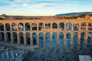 Ancient Roman aqueduct in city of Segovia in Spain