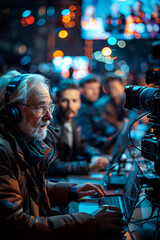 Fototapeta premium A diverse panel of political analysts discussing election results and their implications on a news program .A man wearing headphones is sitting in front of a camera