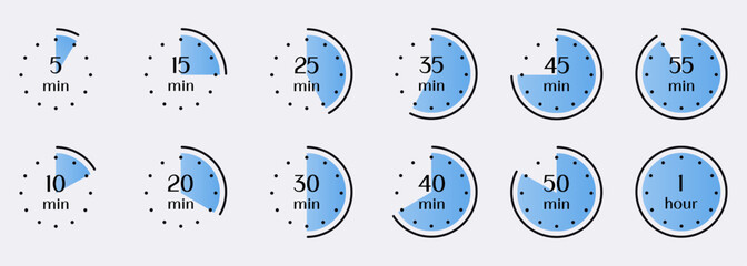 Visual representation of time intervals from 5 minutes to 1 hour. Timer, clock, stopwatch isolated set icons