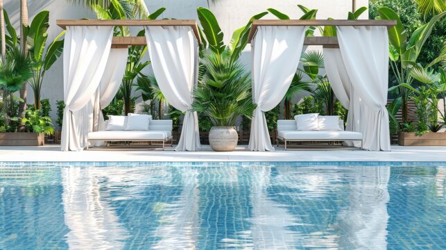 Two elegant poolside cabanas with white curtains offer a relaxing spot next to a shimmering pool in a tropical resort setting during the day.