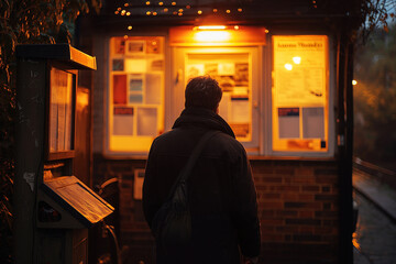 Obraz premium Exit polls conducted outside polling stations, providing early insights into election results .Man in front of building with sign a at midnight