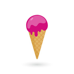 Pink ice cream cone with waffle on white background