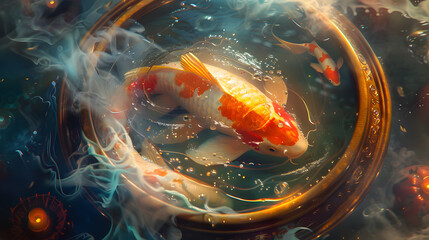 A vibrant image featuring red and yellow fish swimming in a pond with a space-themed background