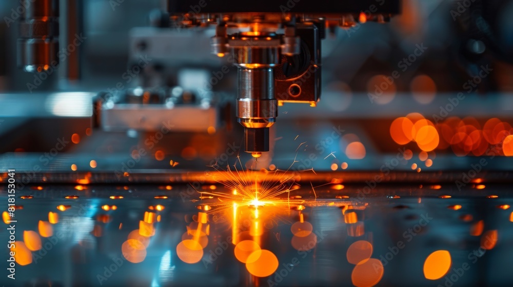 Poster a close-up of a fiber optic splicing machine in action, fusing two cables together under precision c