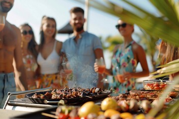 Group of friends having party outdoors in the evening, Focus on barbecue grill with food on the stove.