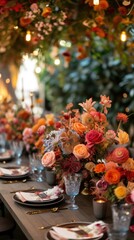 Fototapeta premium Many flowers on the table with candles and plates