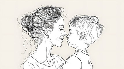 one line art illustrations of baby heels and mother hugging Lineart family portret. One line hand with heart
