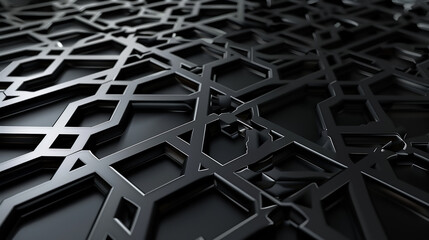 Bold Black and Silver Islamic Tiles A modern 3D realistic design of black and silver Islamic tiles, featuring intricate geometric patterns on a jet black background.