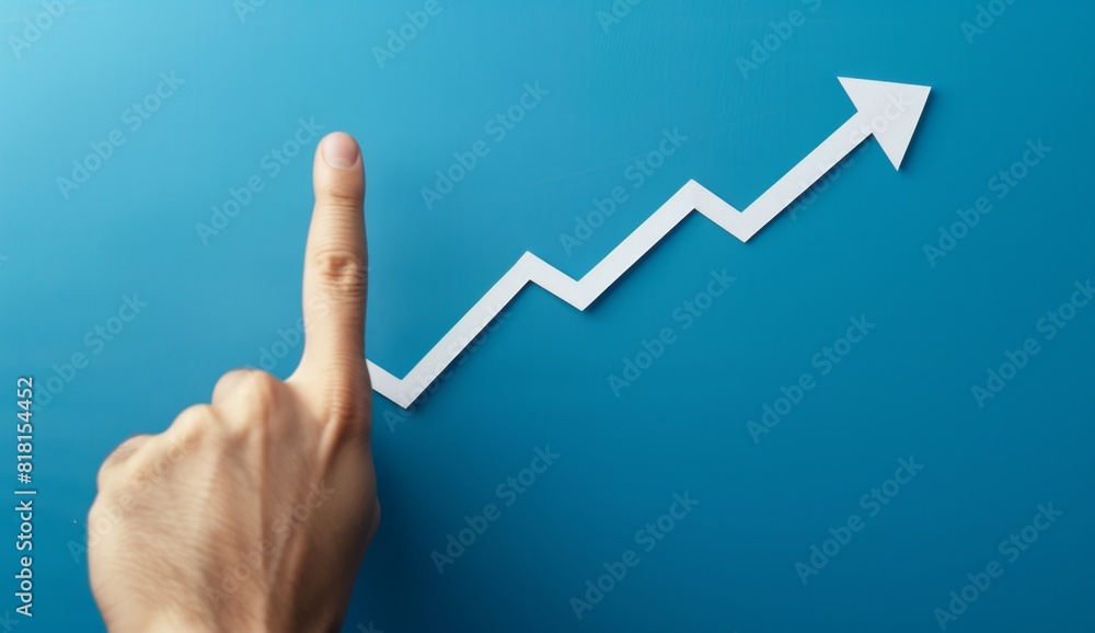Poster a hand points at an upward arrow on a digital screen showing a growth graph line, representing a bus