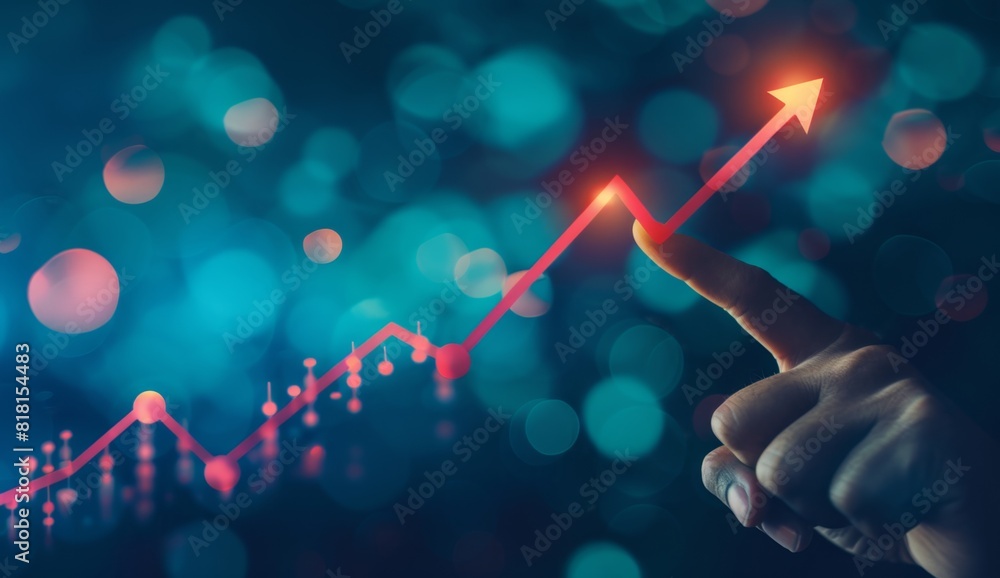 Poster a hand points at an upward arrow on a graph in the style of a business growth concept generative ai