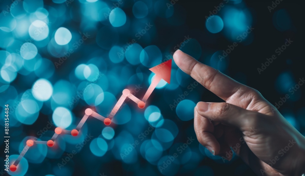 Poster a hand points at an upward arrow on a graph in the style of a business growth concept generative ai