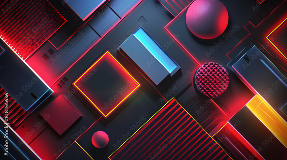 Poster abstract geometric background with colorful neon squares and spheres. vector illustration.