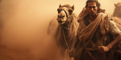 A man with a camel walks through the desert during a sandstorm. Natural disaster. Generative AI