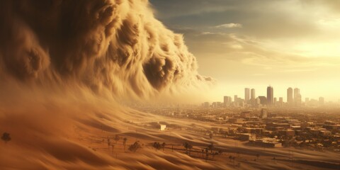 A sandstorm is approaching a modern city. Natural disaster, natural phenomenon. Generative AI