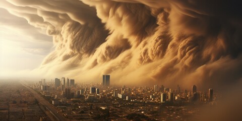 Landscape background of a sandstorm in the city during the daytime. Generative AI