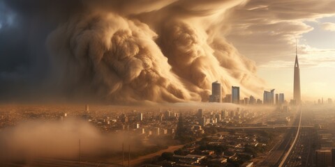 Landscape background of a sandstorm in the city during the daytime. Generative AI