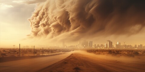 A sandstorm is approaching a modern city. Natural disaster, natural phenomenon. Generative AI