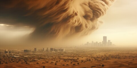 A sandstorm is approaching a modern city. Natural disaster, natural phenomenon. Generative AI