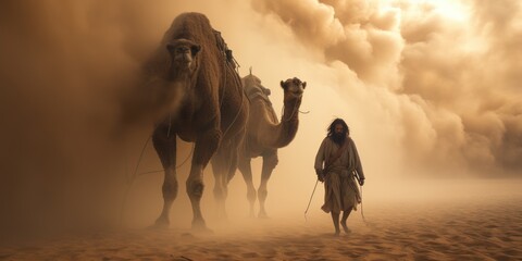 A man with a camel walks through the desert during a sandstorm. Natural disaster. Generative AI