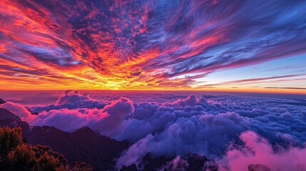 The vibrant colors of a sunrise painting the sky above a sea of clouds creating a radiant spectacle.