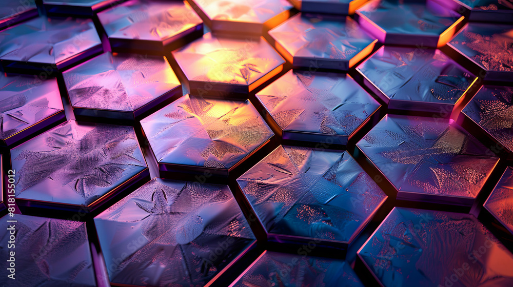 Poster 3d rendering of abstract geometric hexagon shapes in neon light.