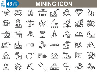Mining Line Icons set in vector format features minimalist, monochrome illustrations of mining tools and elements, such as pickaxes, helmets, and mine carts.simple icon set vector illustration