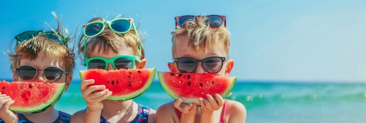 Happy children eat watermelon on beach, kids in sunglasses eating water melon fruit, family travel