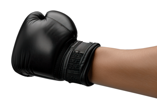 A hand in a boxing glove isolated on a white or transparent background. The hand of an athlete in a black boxing glove, close-up. Graphic design element on the theme of sports.
