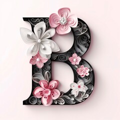 Alphabet letter B decorated with flowers on a white background. 3d rendering