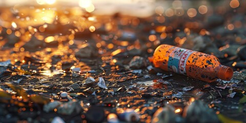 A bottle of water is laying on the ground next to some trash