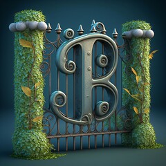 iron gate with letter B in the garden - 3d render illustration