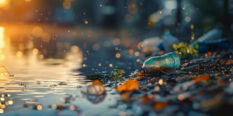 A bottle of water is floating in a body of water