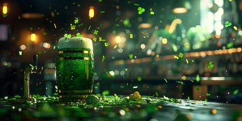 Lively St Patricks Day Pub Scene with Green Beer,Cozy Irish Pub Saint Patricks Day Background with Green Beer,Close up on a fresh beer Saint Patricks design


