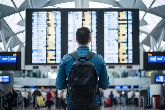 Man waits in front of flight display, surrounded by bustling airport ambiance