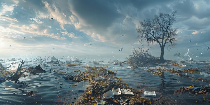 A desolate scene of a body of water with a tree in the middle
