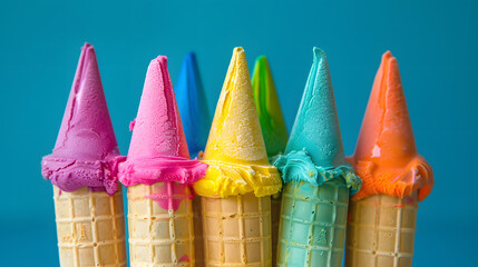 Coloful creamy Ice cream cone on a blue background, sweet dessert