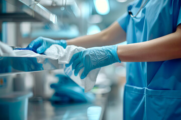 close up of the hands of a sanitary cleaning person in a blue lab coat and gloves cleaning with a cloth in hospital